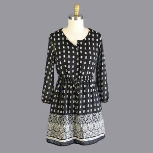 JAPNA GEOMETRIC PRINT BLACK DRAWSTRING WAIST BOHO DRESS